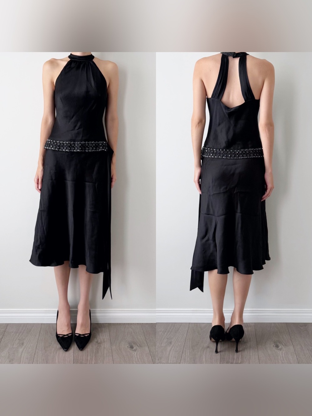 Chic Anne Klein black 100% silk drop waist midi dress